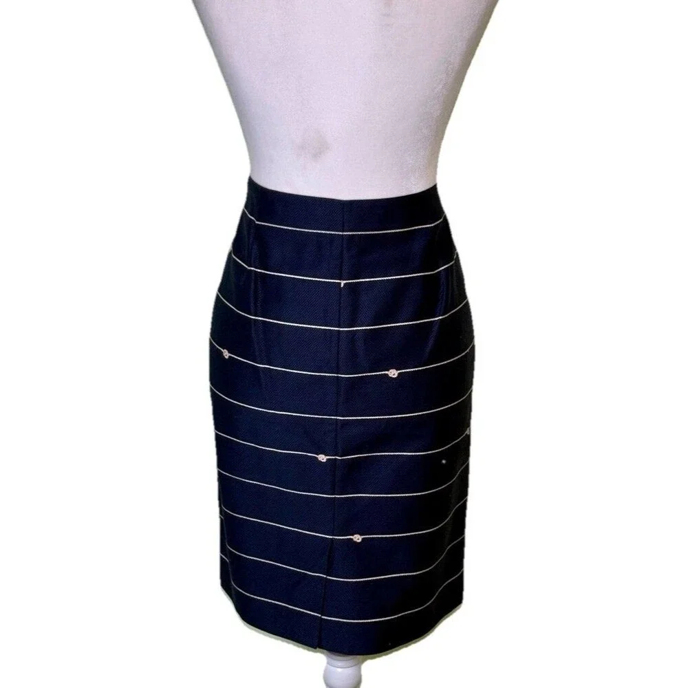 Women’s Navy White Striped Pencil Skirt‎ Nautical Preppy Knee Length Side Zip 8